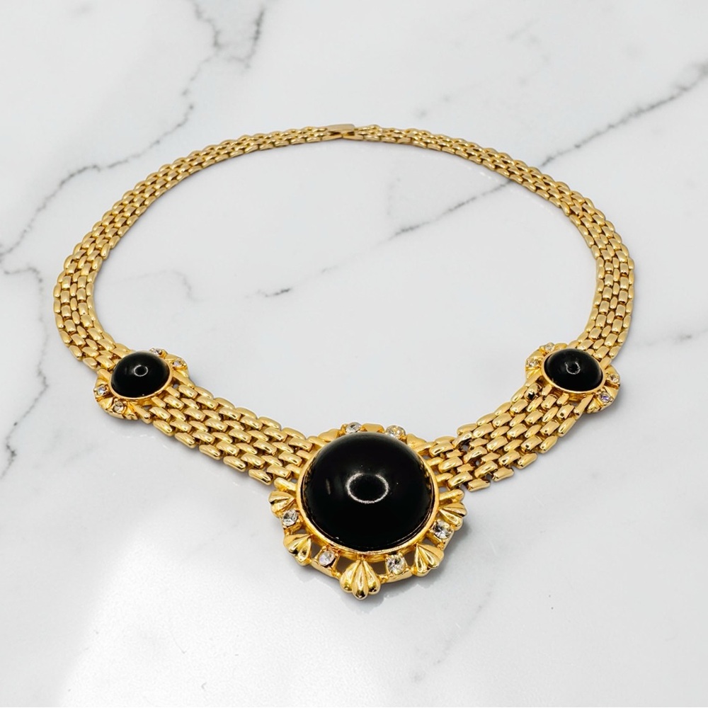 Vintage Gold Tone Choker with Black Cabochons and Rhinestones